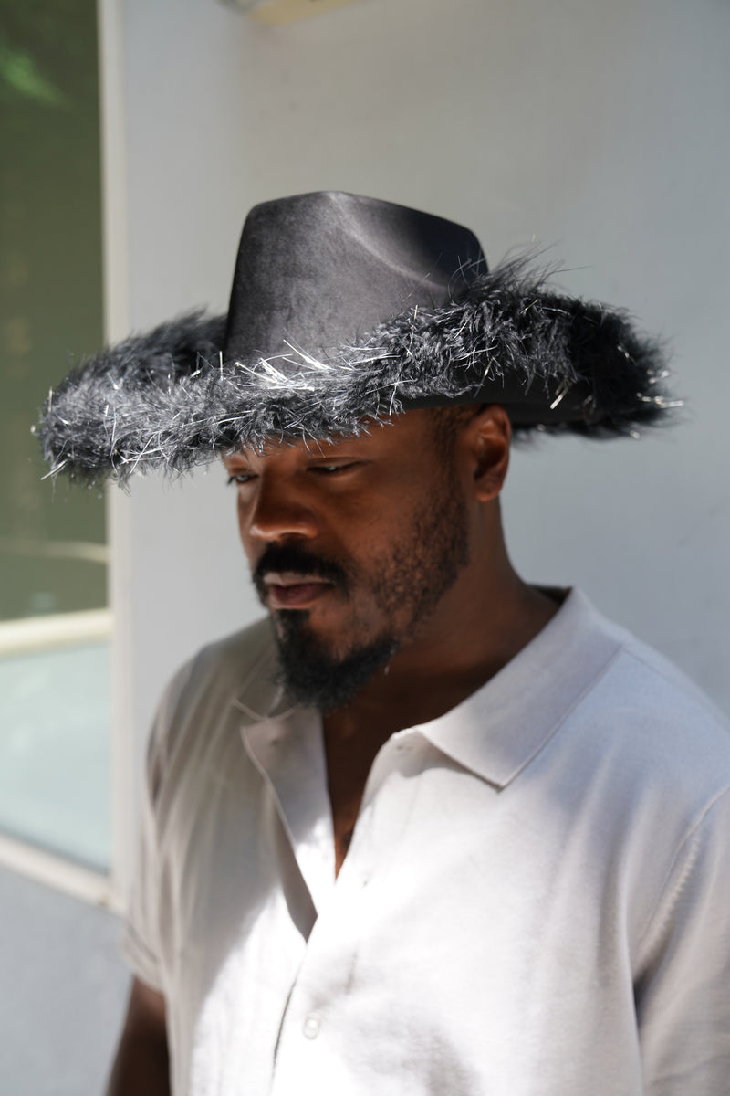 Black Faux Feather Trim Western Cowboy Hat – Luxe Boho  display picture 1