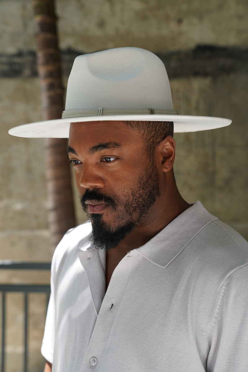 Off White Wide Brim Western Fedora Hat with Belt Band