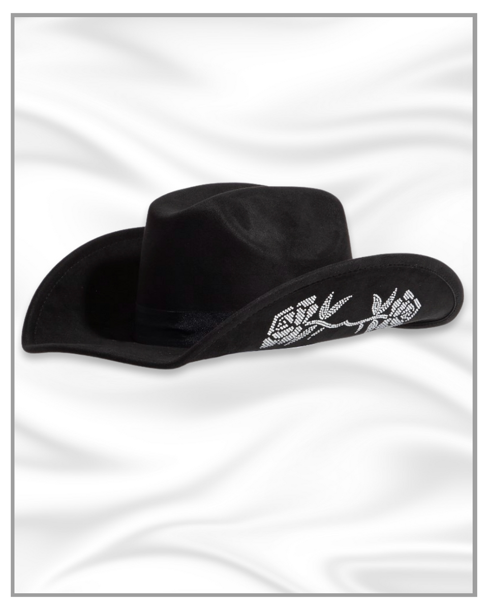 Black Cowboy Hat w/ Silver Embroidery & Rhinestone Silver Rose Rhinestone Embroidered Black Fedora Cowboy Hat  main image 4