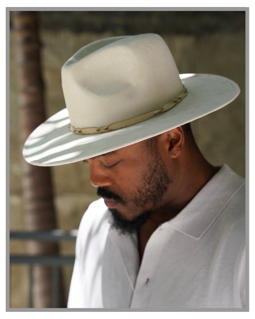 Off White Wide Brim Western Fedora Hat with Braided Twist Leather Band