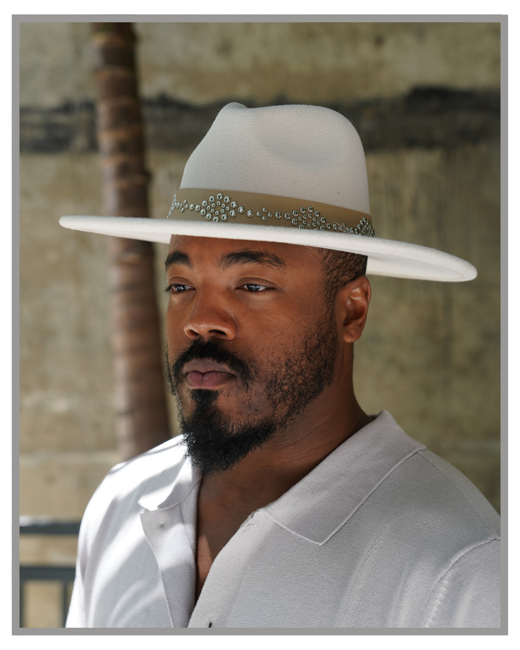 Off White Wide Brim Western Fedora Hat with Metal Stud Band