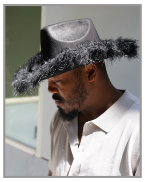 Black Faux Feather Trim Western Cowboy Hat – Luxe Boho Festival Hat | Statement Cowgirl Fedora for Bold Style