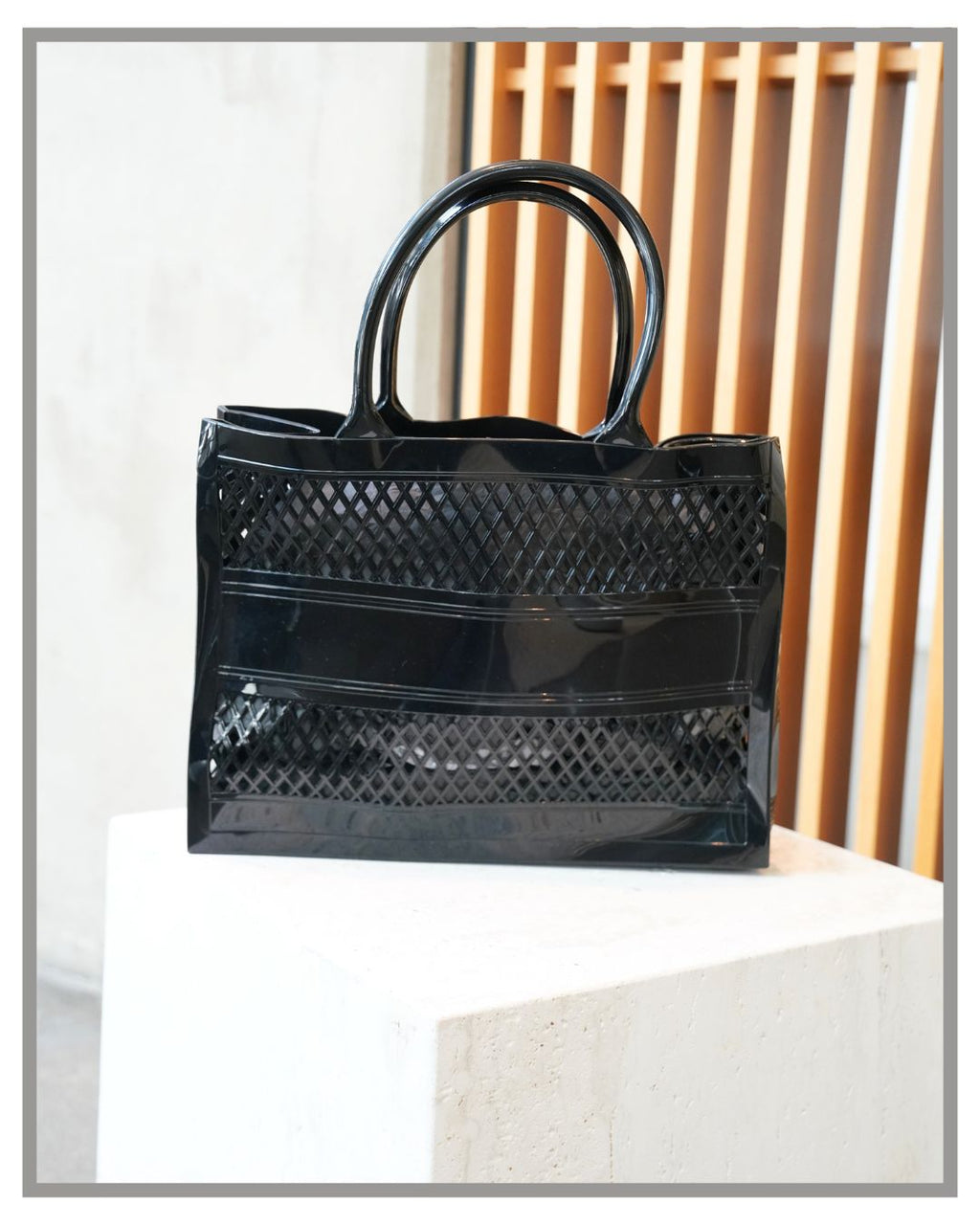 Black PVC Tote Bag – Waterproof Structured Handbag – Modern Market and Beach Bag with Cutout Design