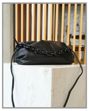 Minimalist Black Vegan Leather Crossbody Bag with Detachable Strap Chain Details