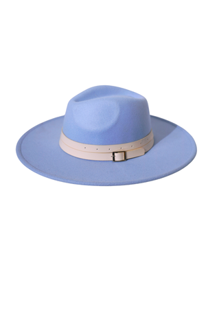 Baby Blue Wide Brim Fedora Hat with White Wrapped Buckle