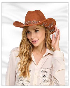 Brown Embroidered Star and Studded Western Cowboy Hat – Faux Suede Rustic Rodeo Hat | Country Concert and Rodeo Style