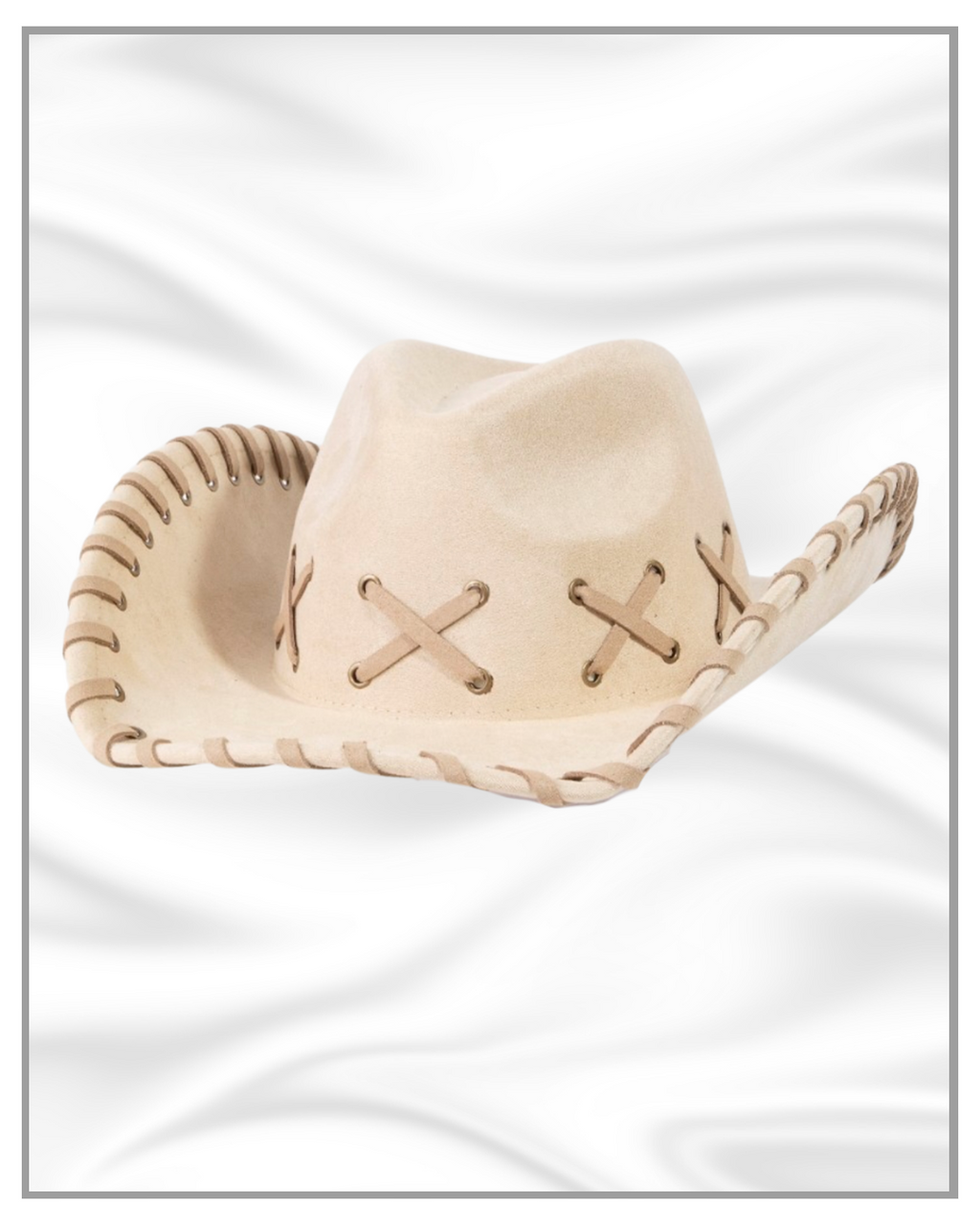 Cream Beige Faux Suede Cowboy Fedora Hat – Braided Brim with “X” Stitch Design | Western Boho Unisex Hat