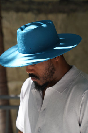 Wide Brim Aqua Blue Fedora with Ribbon Band for Men and Women