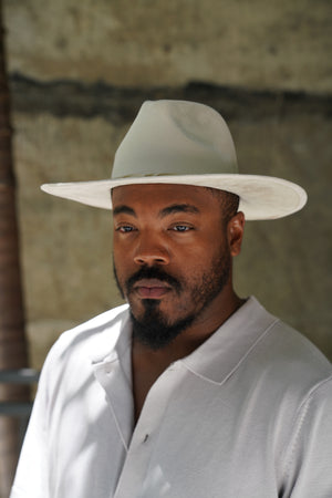 Off White Wide Brim Western Fedora Hat with Braided Twist Leather Band