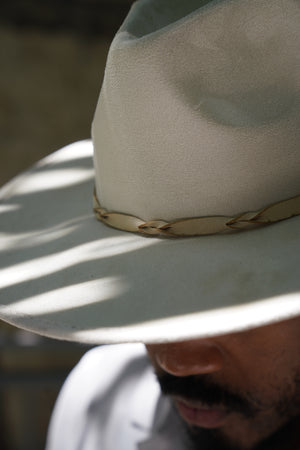 Off White Wide Brim Western Fedora Hat with Braided Twist Leather Band