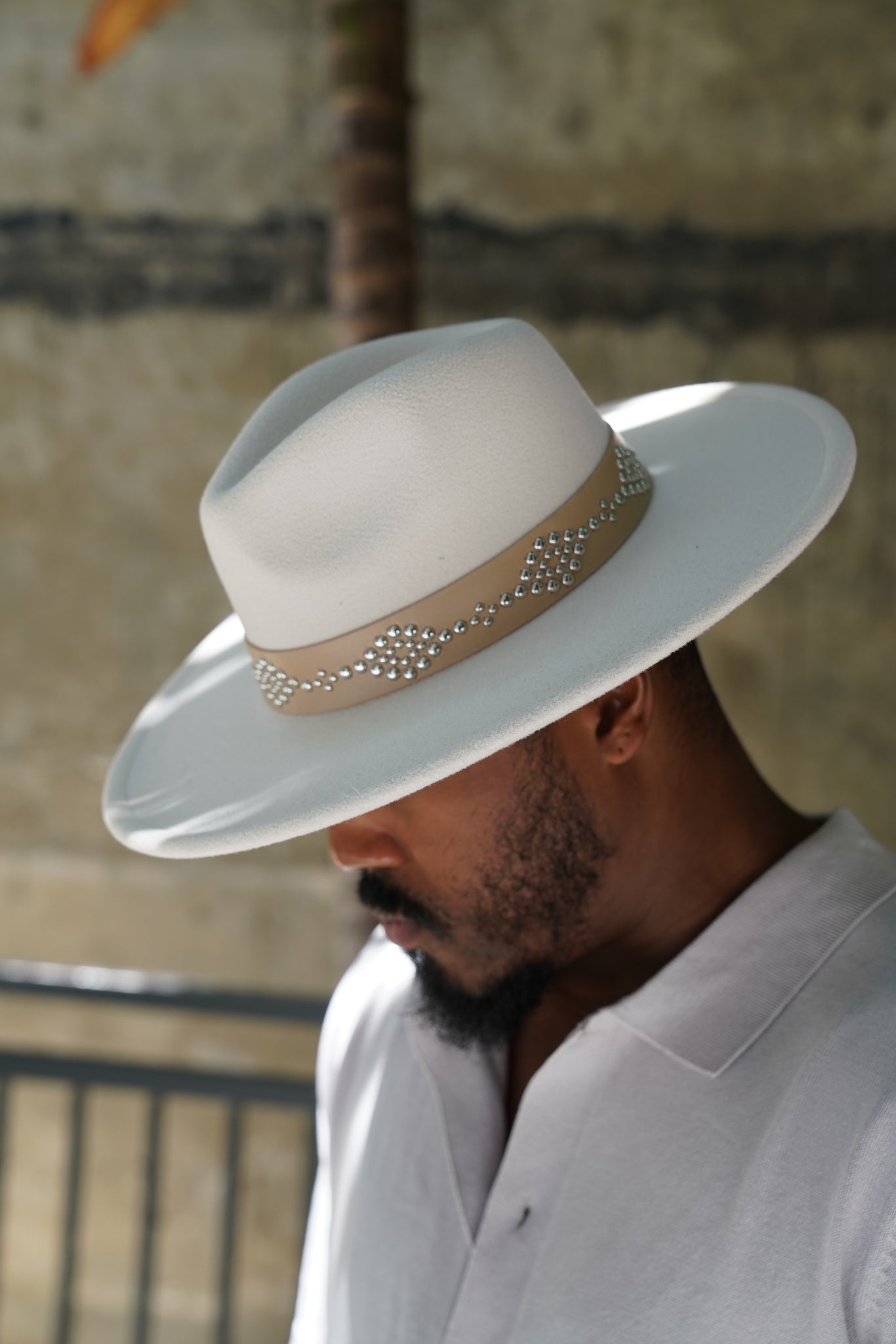 Off White Wide Brim Western Fedora Hat with Metal Stud Band