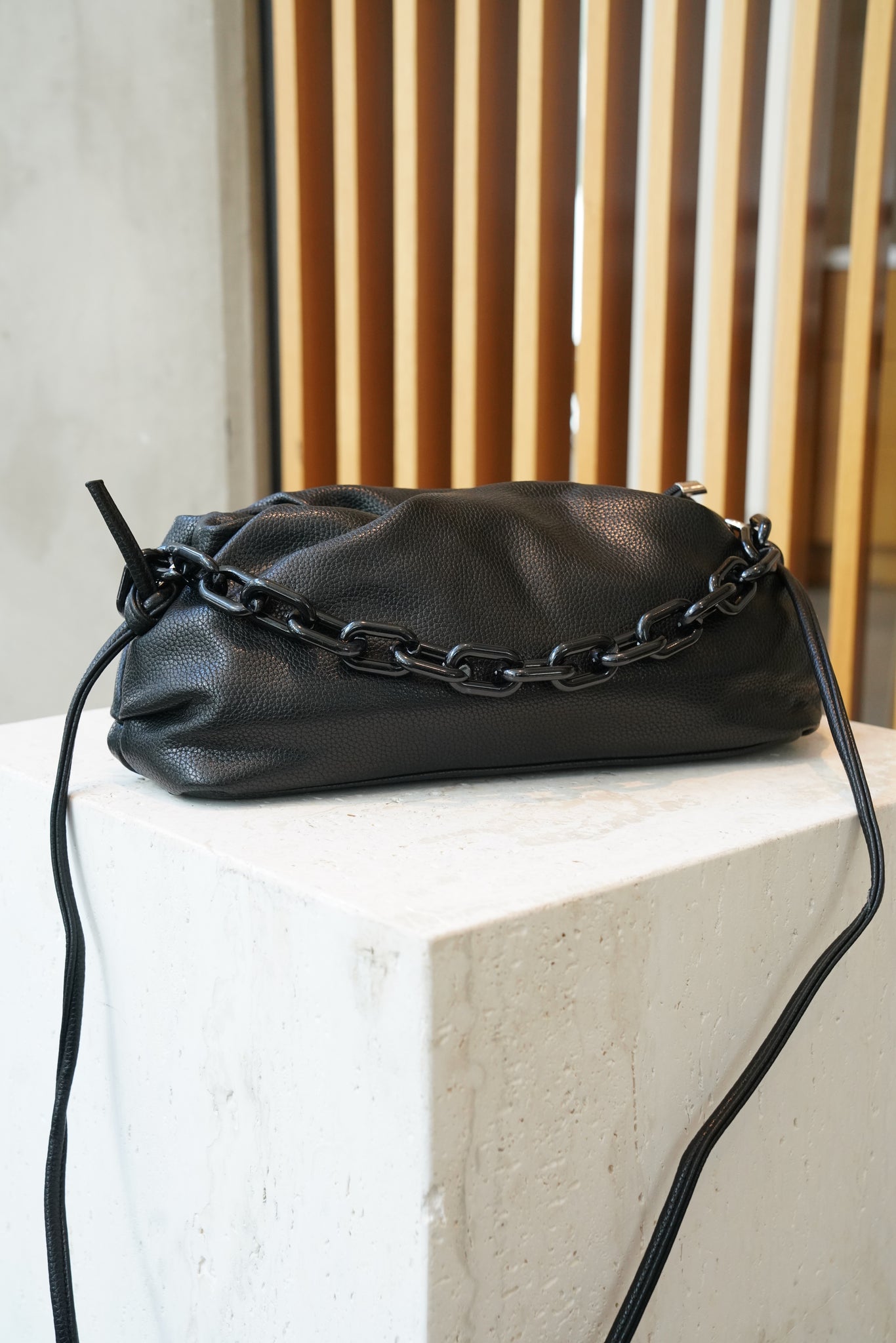 Minimalist Black Vegan Leather Crossbody Bag with Detachable Strap Chain Details