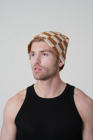 Brown Checkered Hand Knitted Bucket Hat