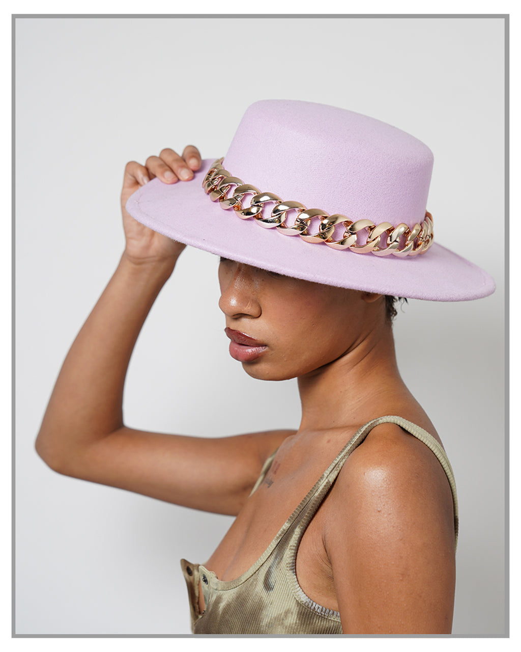 Lavender Flat Top Fedora Hat with Gold Chain