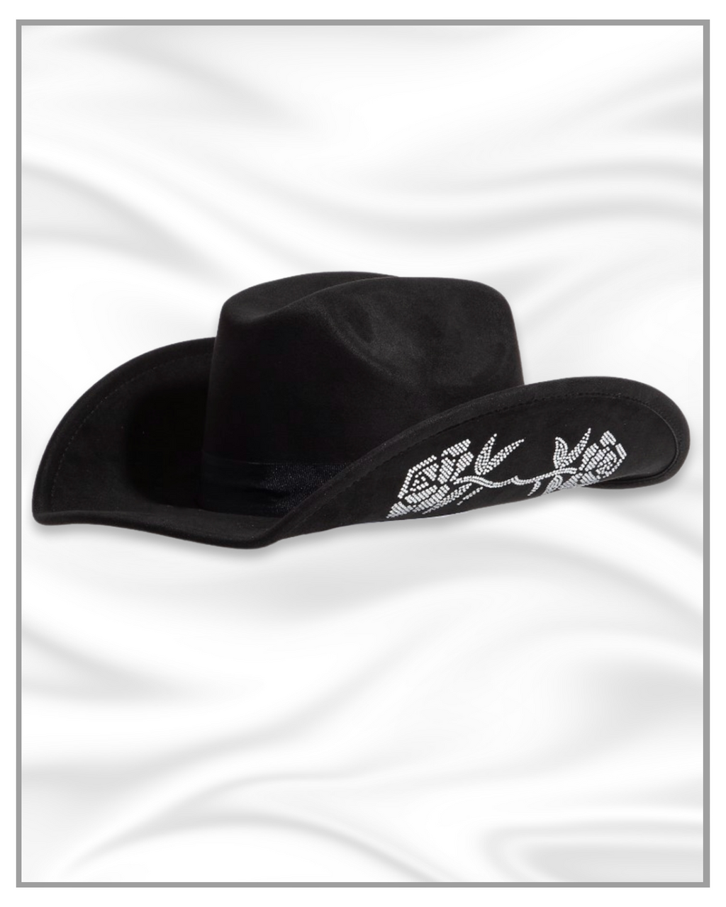 Silver Rose Rhinestone Embroidered Black Fedora Cowboy Hat – Western Glam Hat | Unisex Statement Fedora