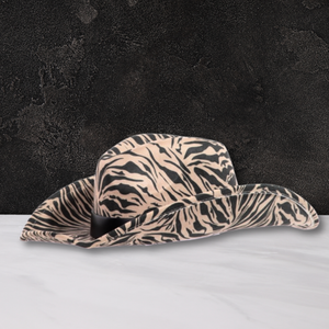 Beige Tiger Print Cowboy Fedora Hat – Bold Western Fedora with Black Satin Band | Unisex Statement Hat