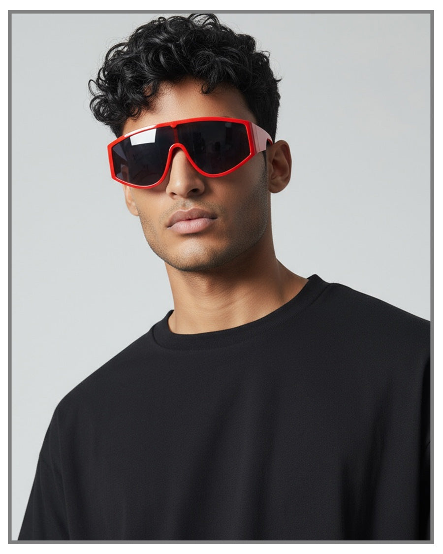 Bold Red Futuristic Sunglasses | Unisex Wrap Shield Shades | Retro Y2K Sporty Goggles | UV400 Streetwear Eyewear