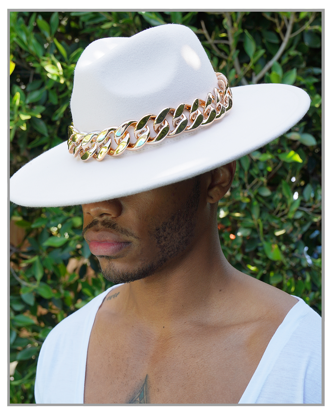 ?SUPER SALE $120 WIDE BRIM CHAIN DETAIL HAT Elegant Felt Wide Brim Fedora Hat with Gold Chain  main image 3