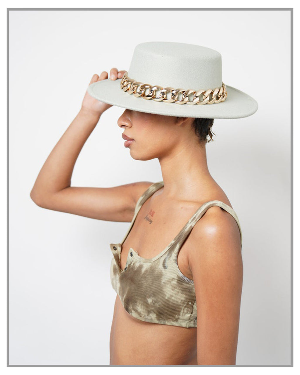 Mint Flat Top Fedora Hat with Gold Chain