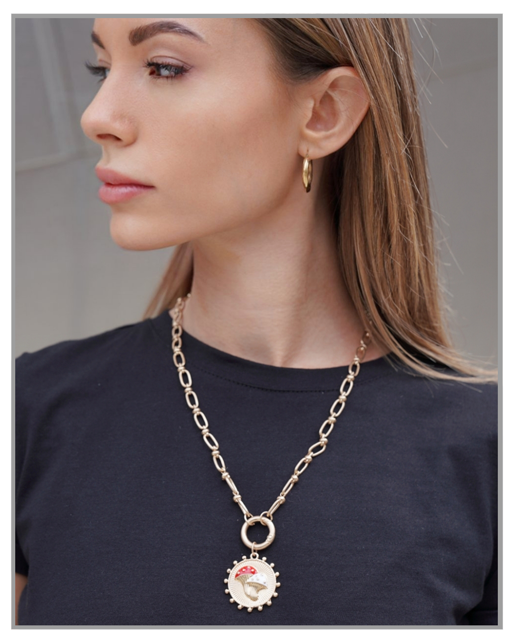Double Mushroom Pendant Soft Gold Necklace - truthBlack